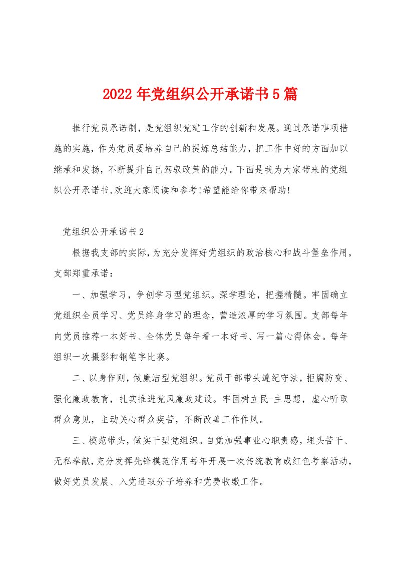 2022年党组织公开承诺书5篇