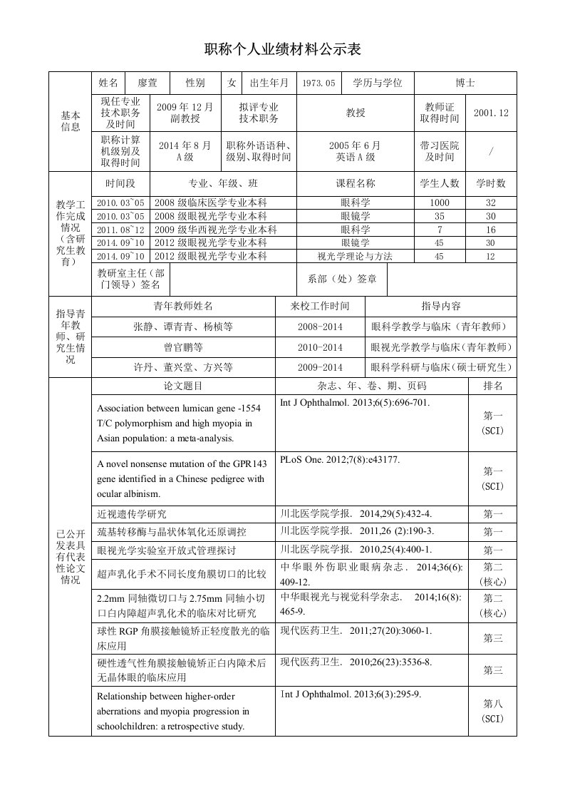 职称个人业绩材料公示表格