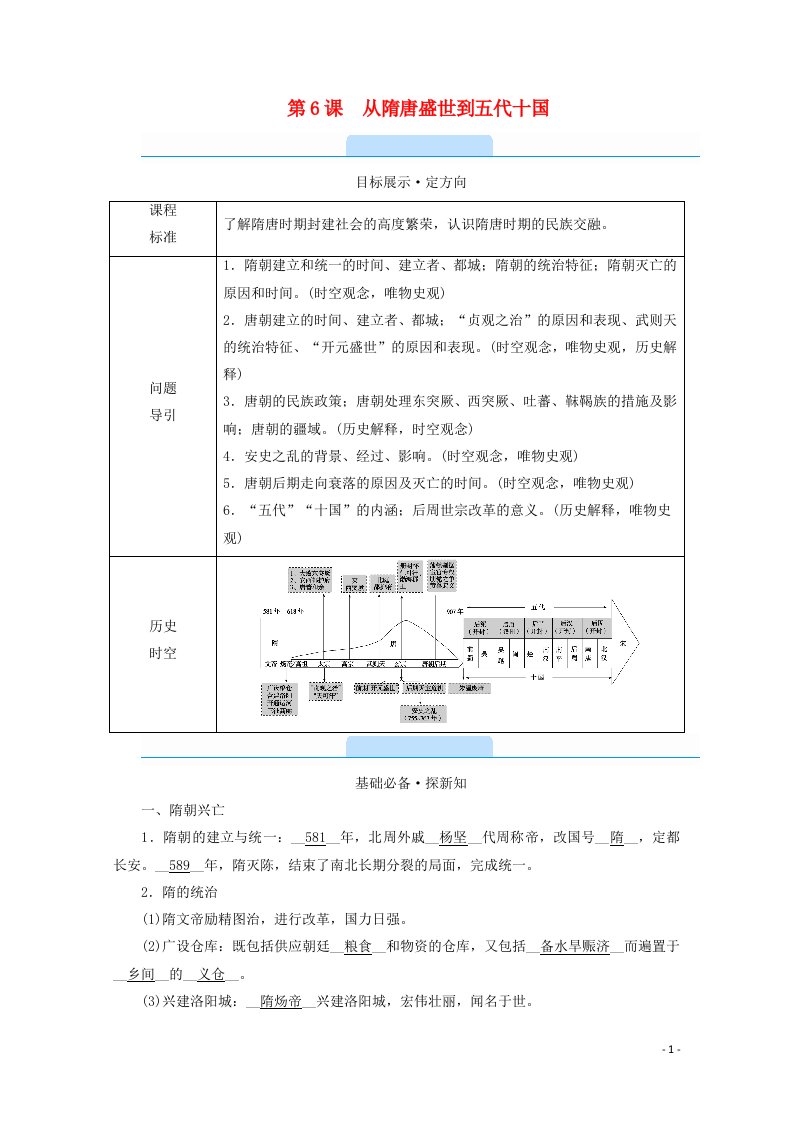 2021_2022学年新教材高中历史第2单元第6课从隋唐盛世到五代十国学案含解析新人教版必修中外历史纲要上