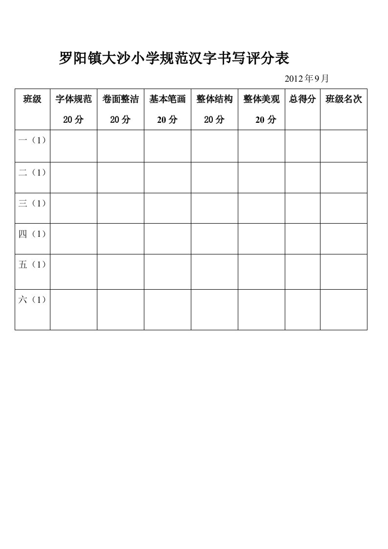 罗阳镇大沙小学规范汉字书写评分表124