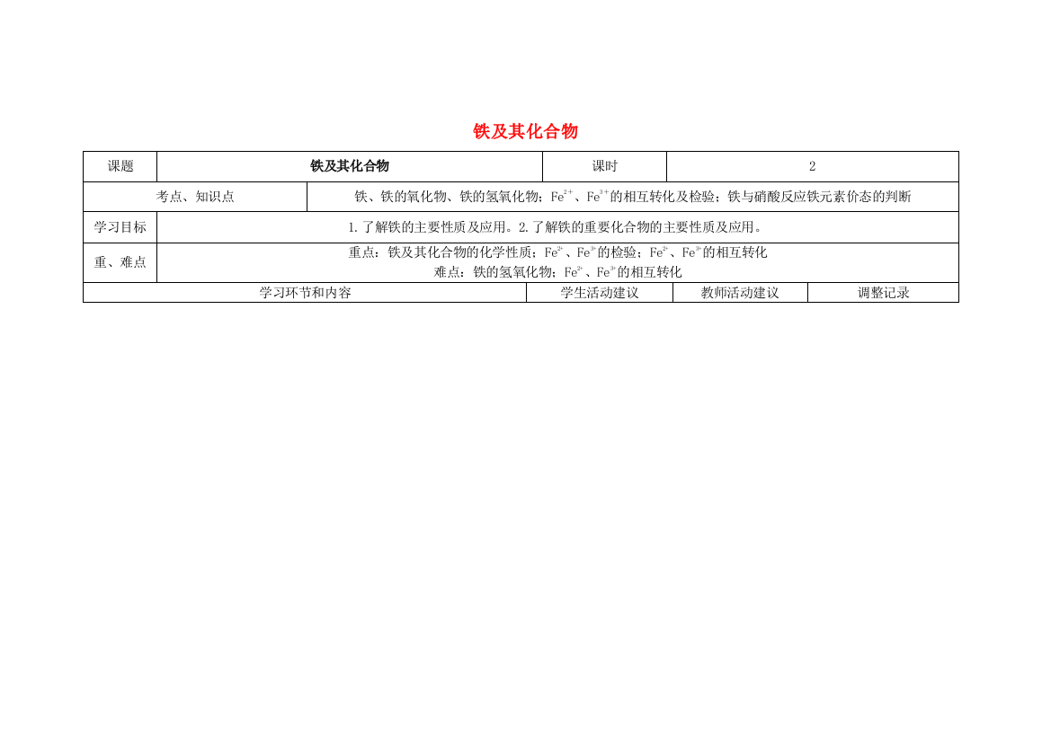 高三化学第3周教学设计铁及其化合物