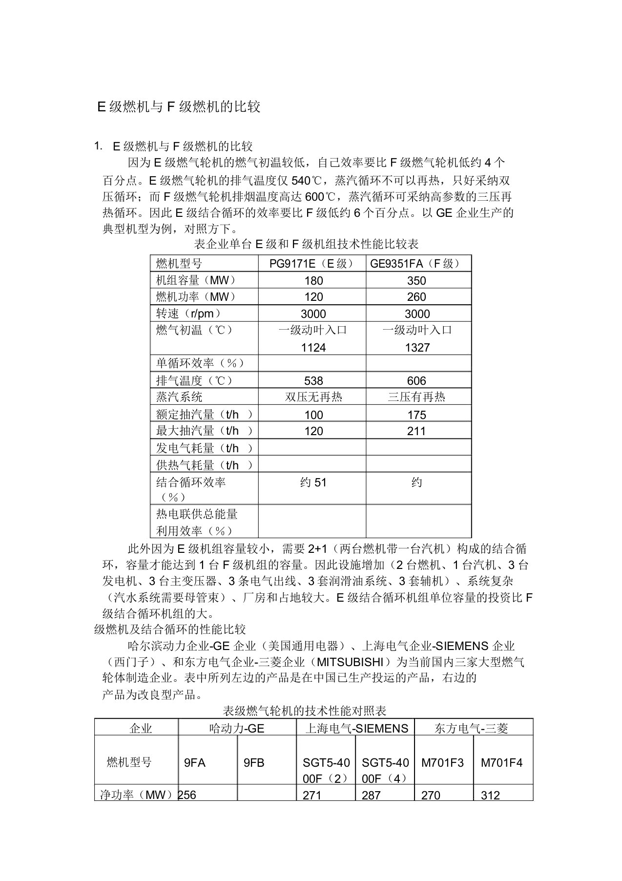 E级燃机与F级燃机的比较