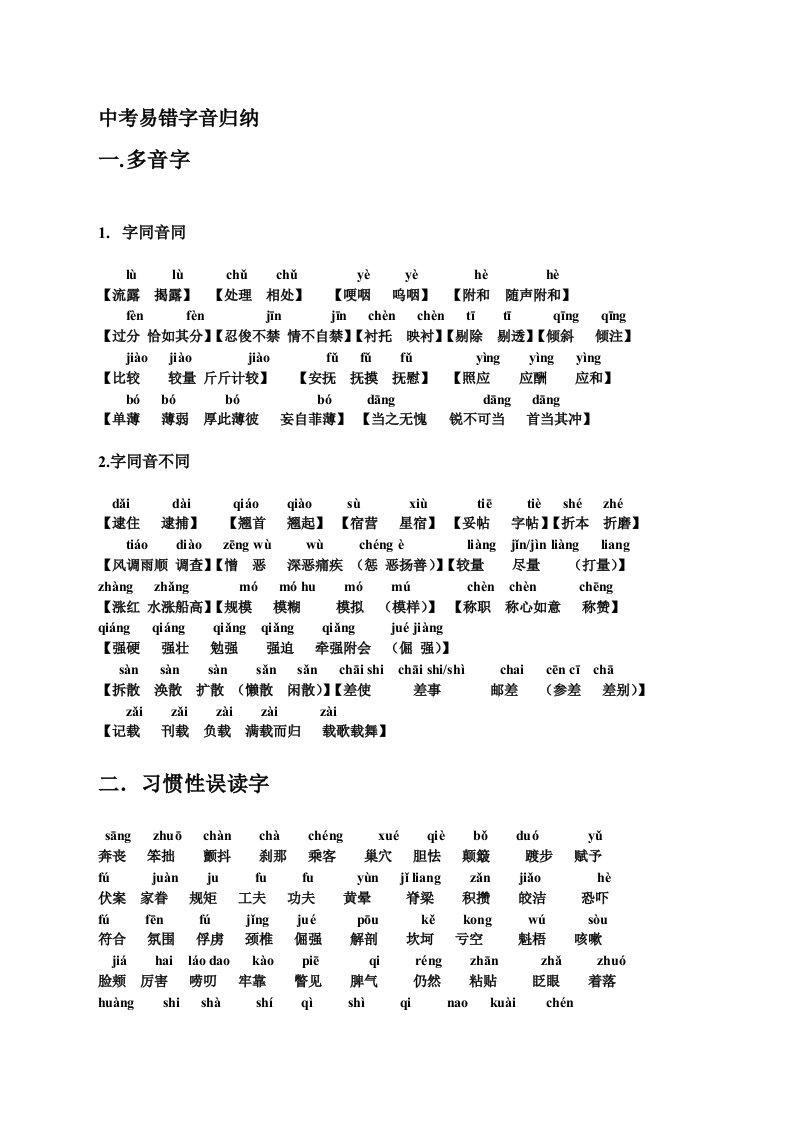 中考易错字音字形归纳