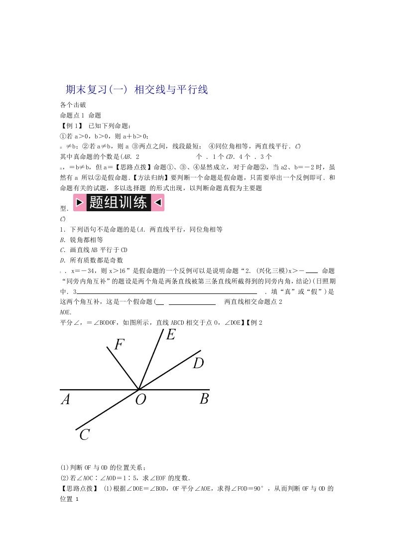 人教版七年级数学下册期末复习一相交线与平行线讲义