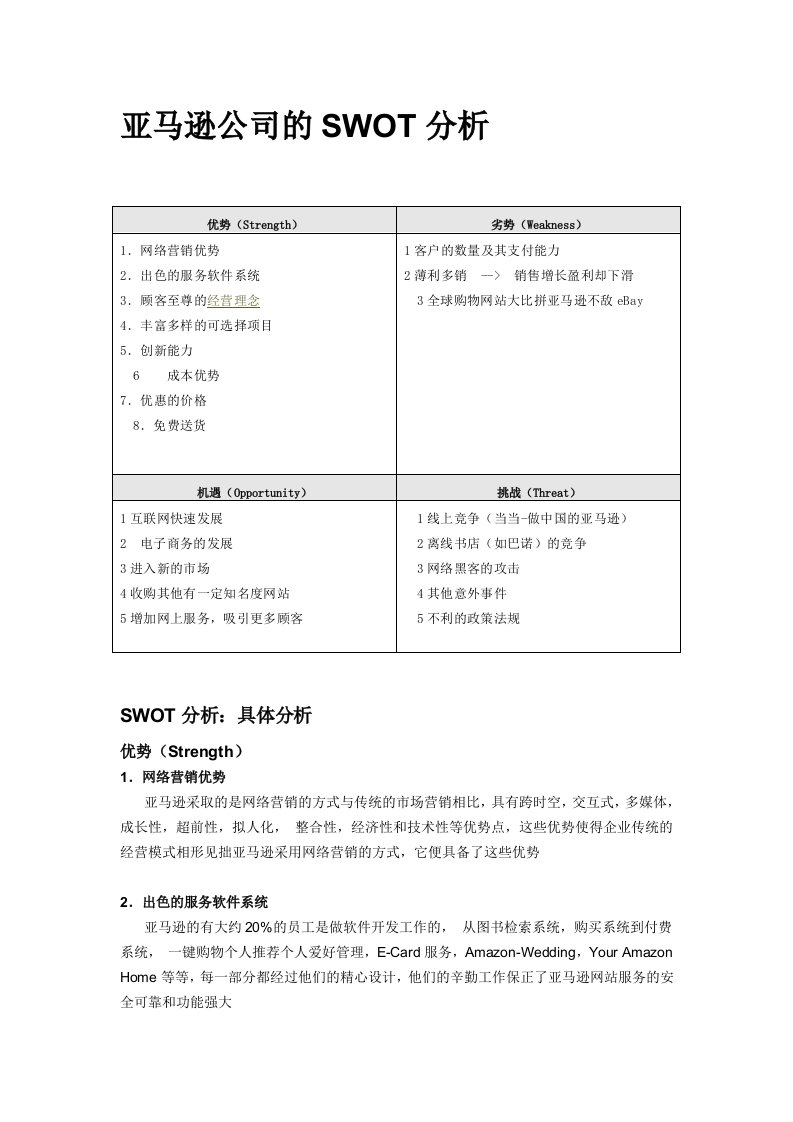 亚马逊公司的SWOT分析