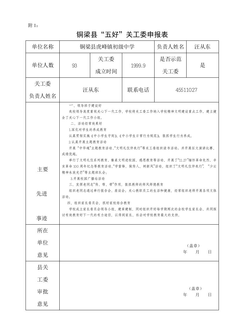 虎峰中学“五好”关工委申报表