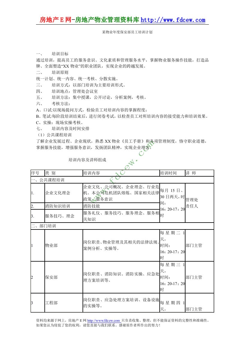 某物业年度保安部员工培训计划