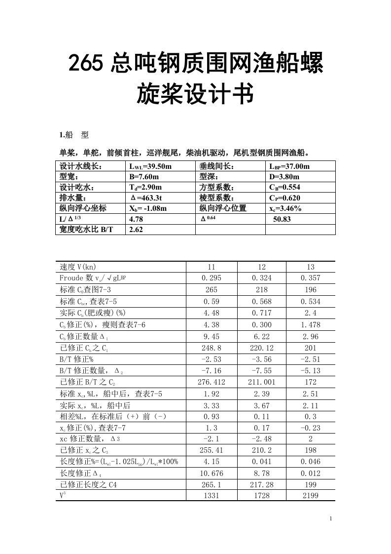 265总吨钢质围网渔船螺旋桨设计书