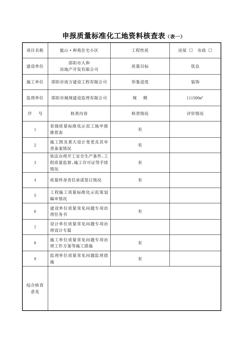 龙山和苑申报工程标准化工地资料核查表