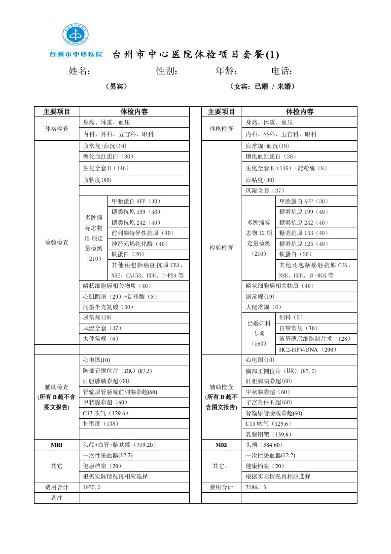 台州市中心医院体检项目套餐（1）