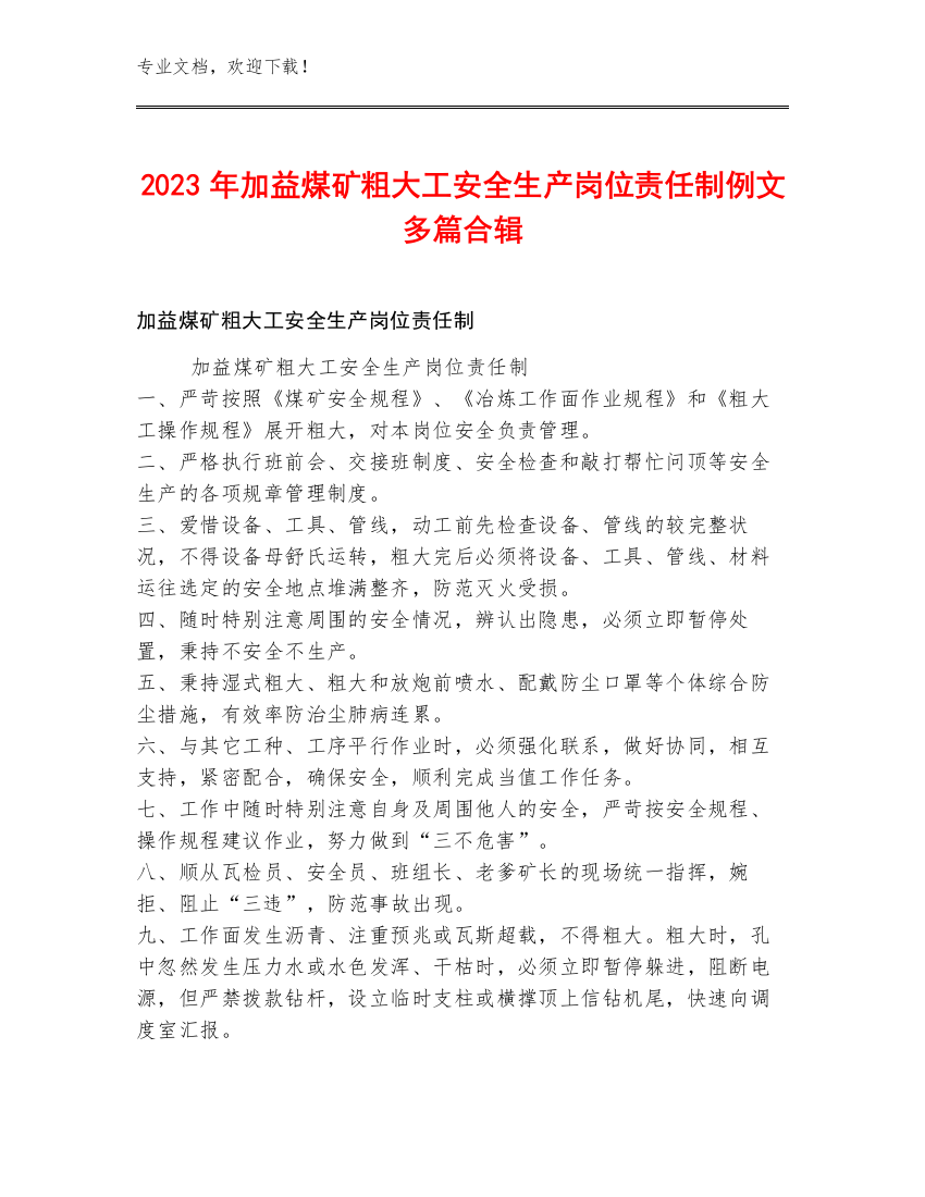 2023年加益煤矿粗大工安全生产岗位责任制例文多篇合辑