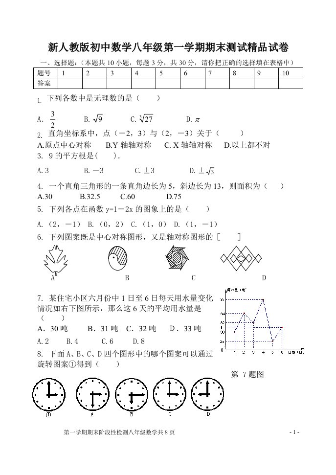 新人教版初中数学八年级第一学期期末测试精品试卷