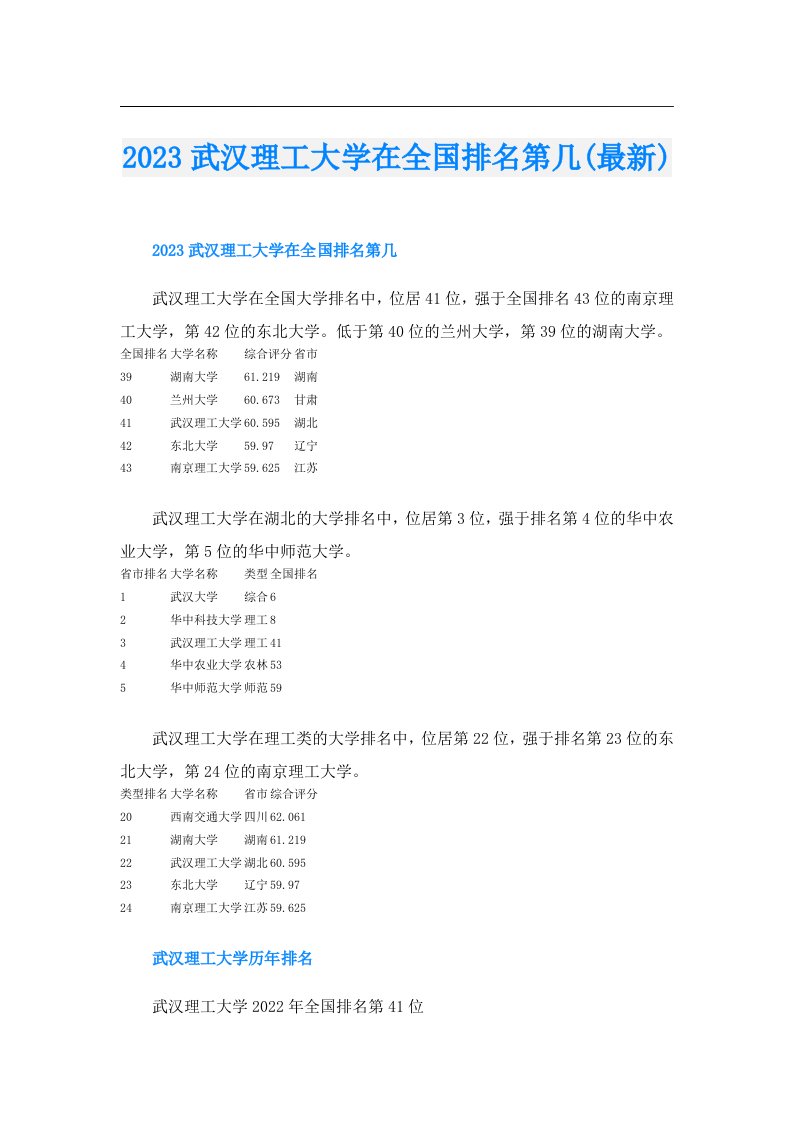 武汉理工大学在全国排名第几(最新)