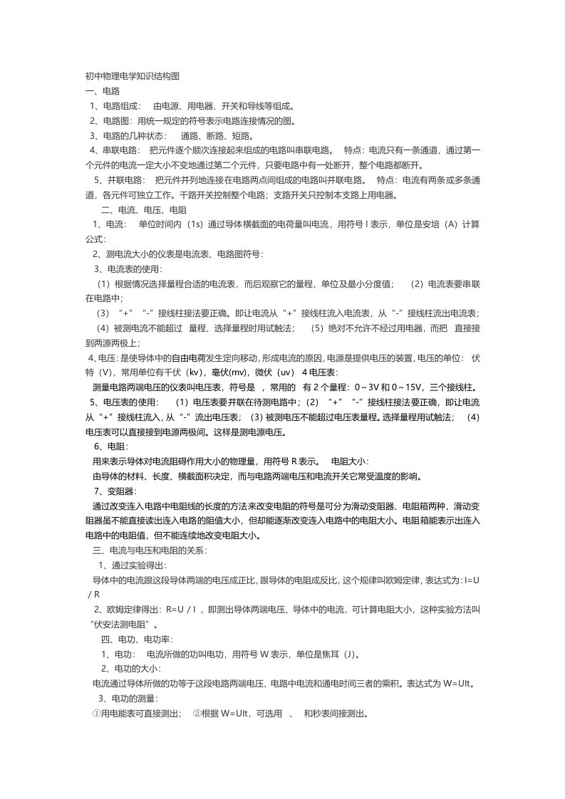 初中物理电学知识结构图Word文档