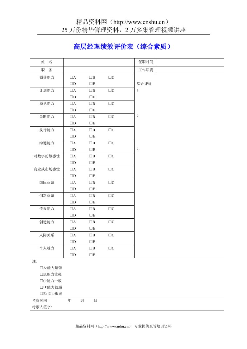 高层经理绩效评价表（综合素质）