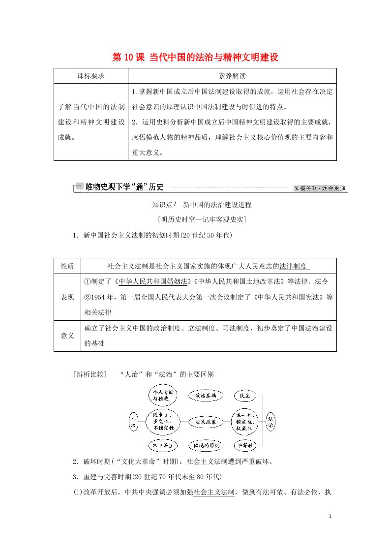 2021_2022年新教材高中历史第三单元法律与教化第10课当代中国的法治与精神文明建设学案新人教版选择性必修1