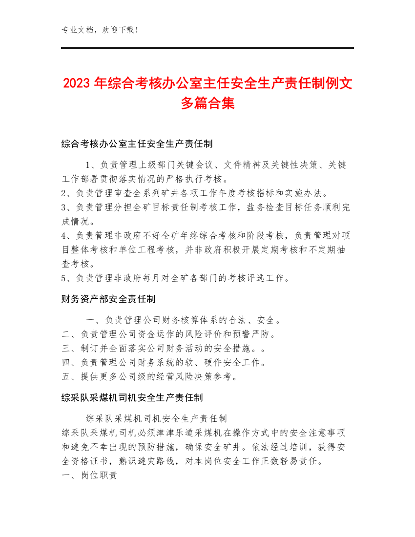 2023年综合考核办公室主任安全生产责任制例文多篇合集