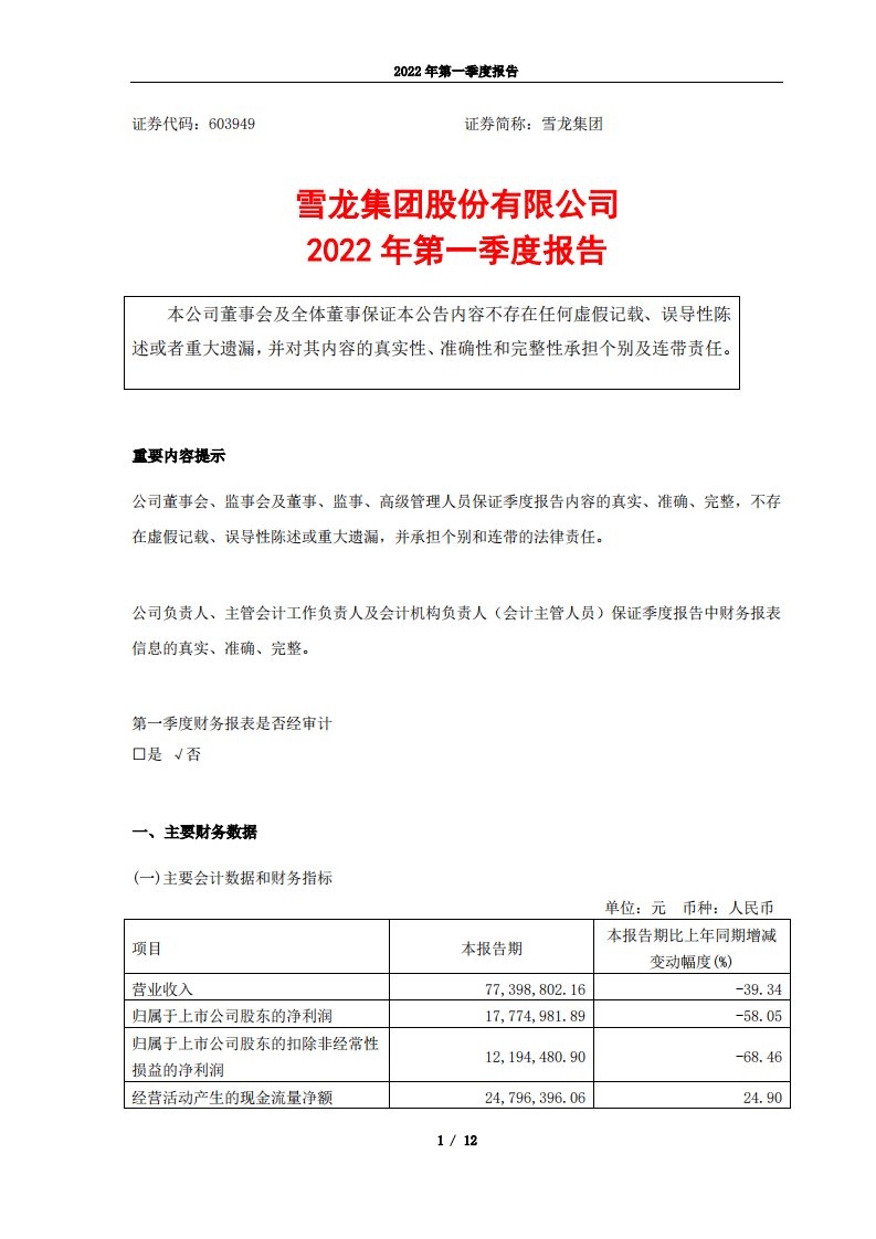 上交所-雪龙集团股份有限公司2022年第一季度报告-20220427