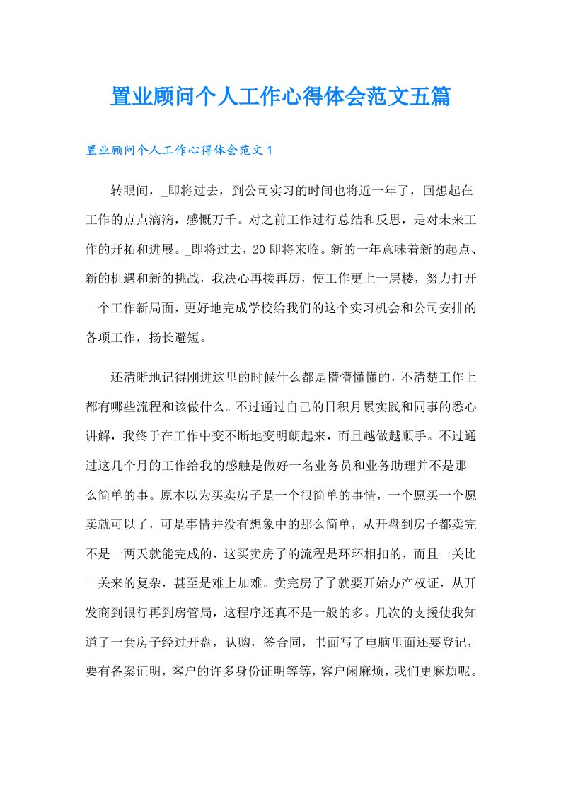 置业顾问个人工作心得体会范文五篇