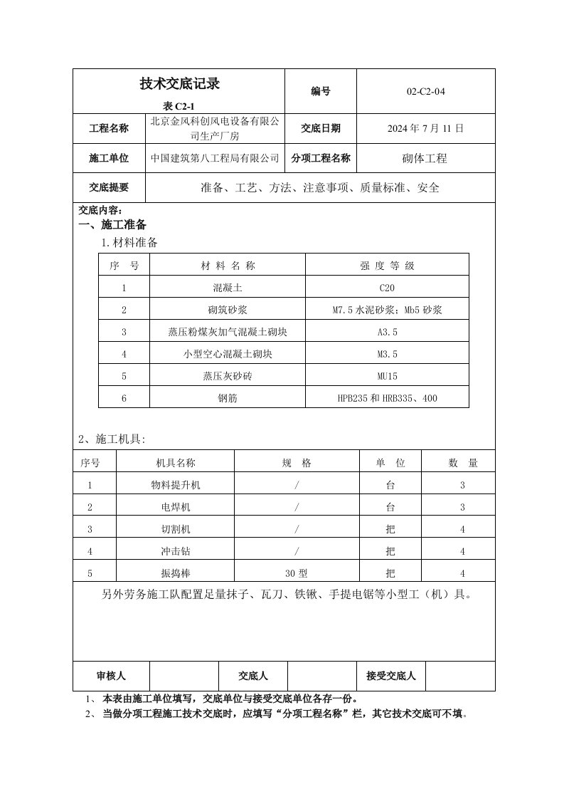 风电设备生产厂房砌体结构技术交底