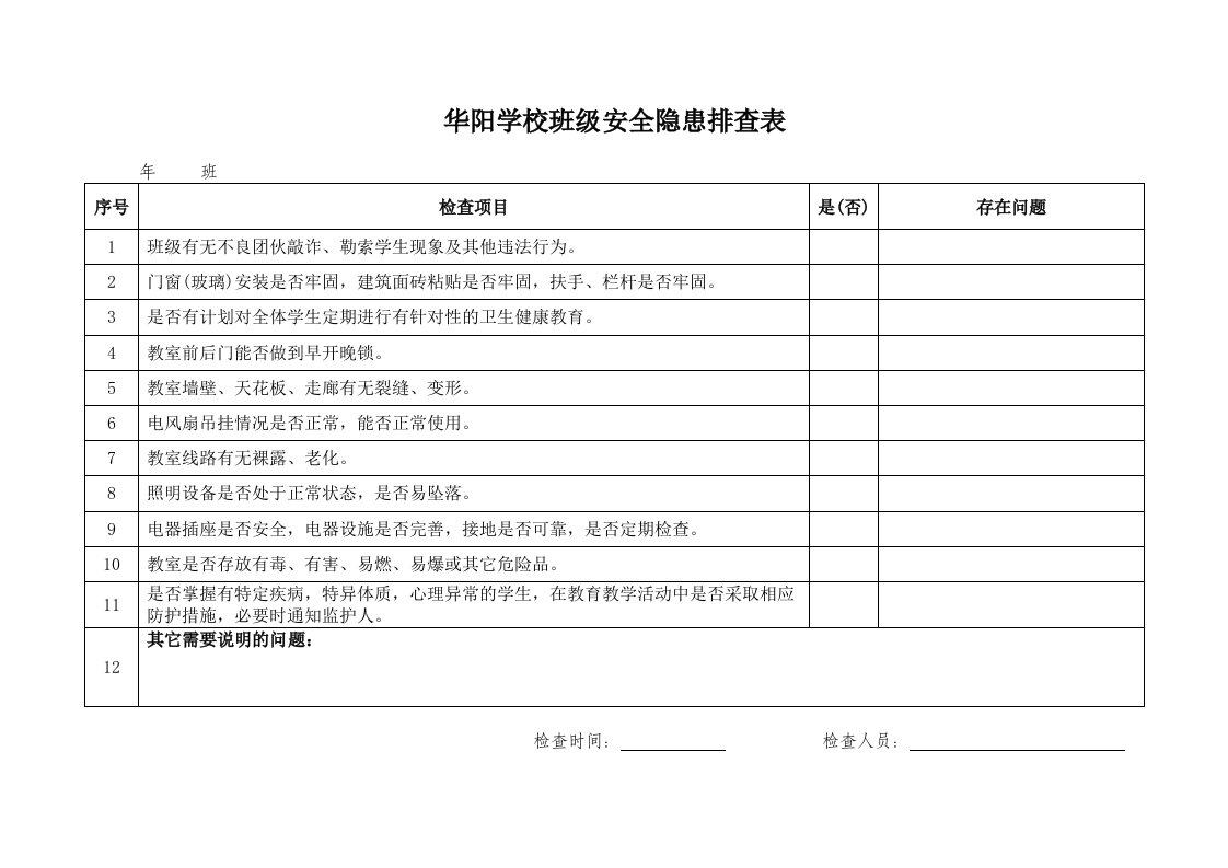 华阳学校班级安全隐患排查表