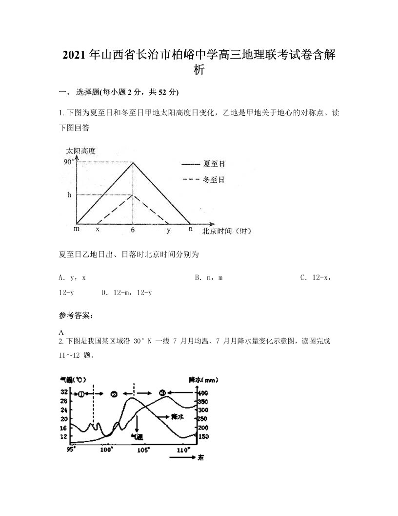 2021年山西省长治市柏峪中学高三地理联考试卷含解析