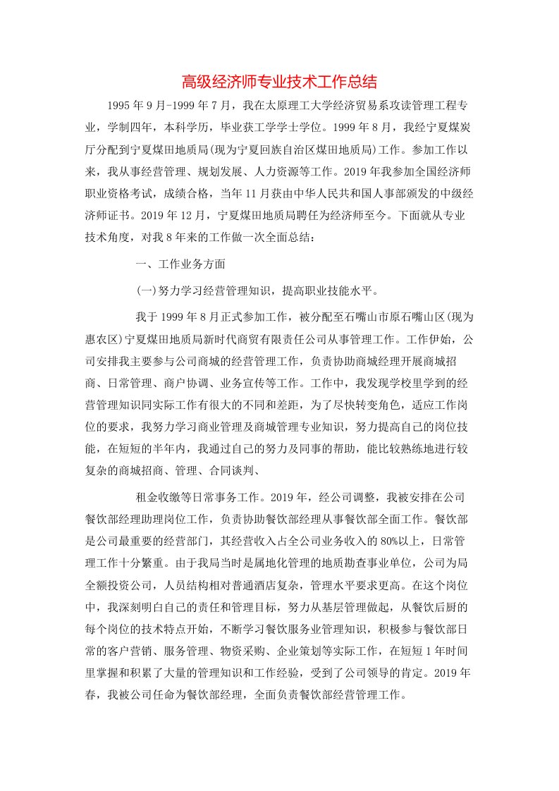 高级经济师专业技术工作总结