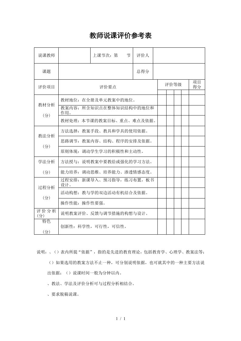 教师说课评价参考表