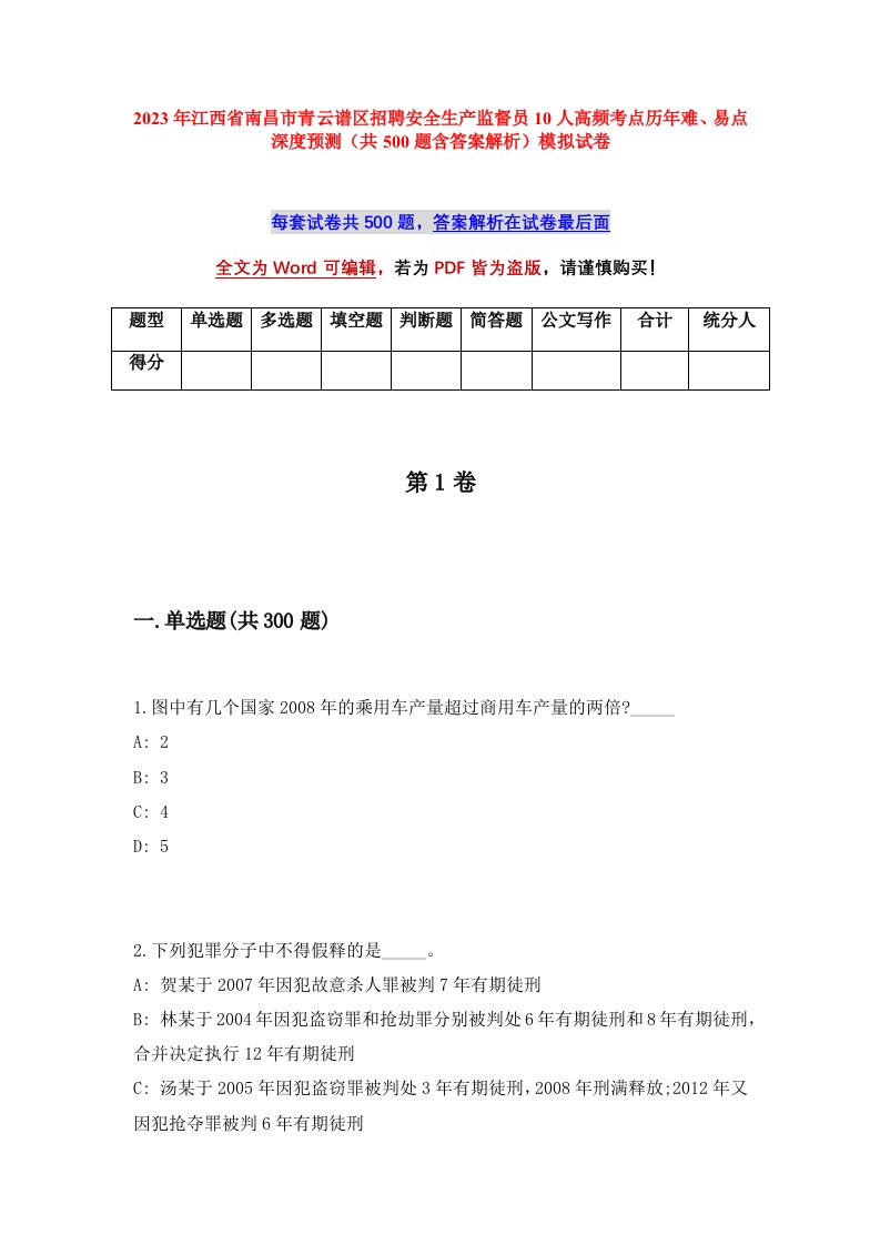 2023年江西省南昌市青云谱区招聘安全生产监督员10人高频考点历年难易点深度预测共500题含答案解析模拟试卷