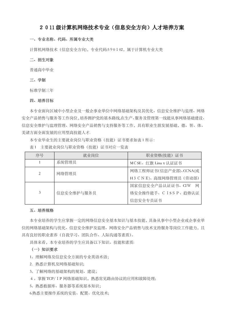 计算机网络技术专业(信息安全方向)人才培养方案