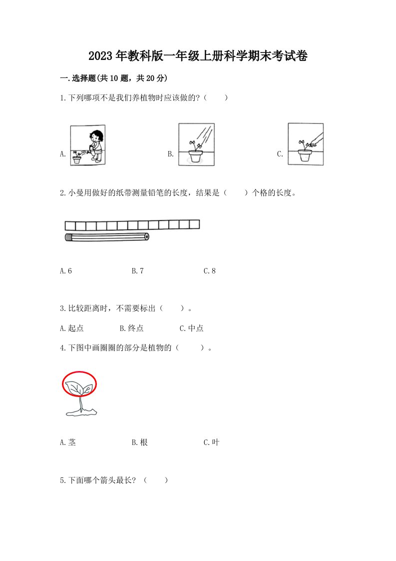 2023年教科版一年级上册科学期末考试卷带精品答案