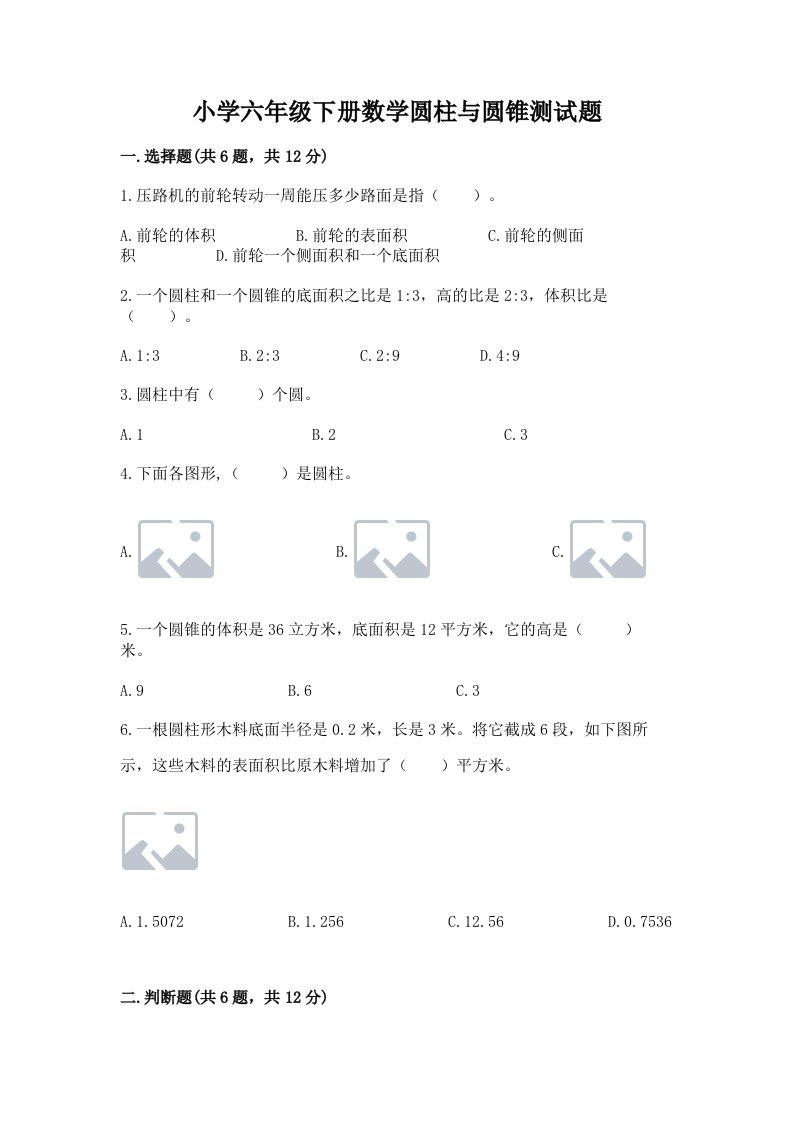 小学六年级下册数学圆柱与圆锥测试题精品（全国通用）