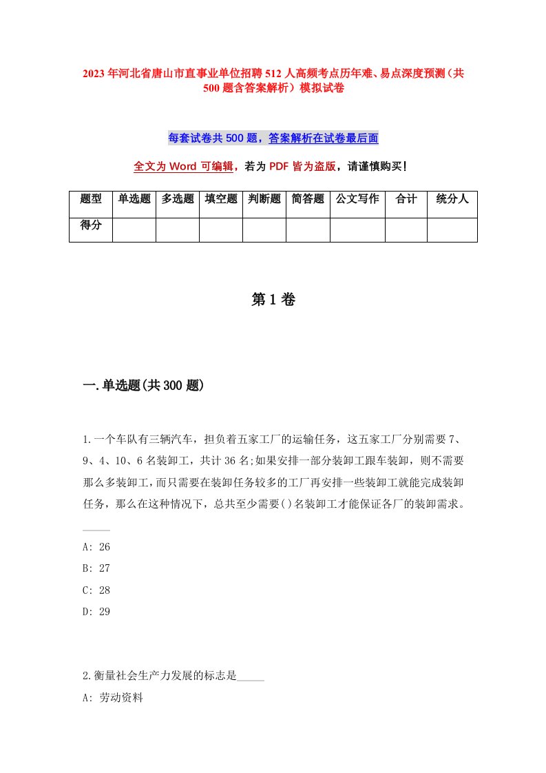 2023年河北省唐山市直事业单位招聘512人高频考点历年难易点深度预测共500题含答案解析模拟试卷