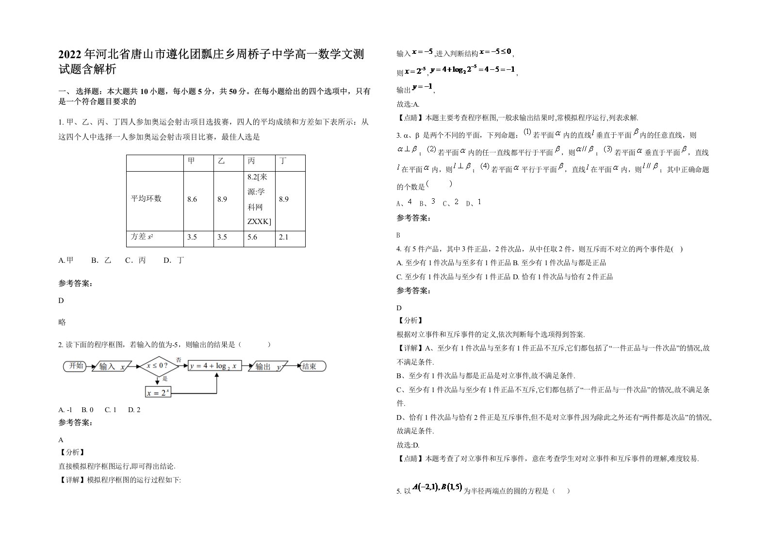 2022年河北省唐山市遵化团瓢庄乡周桥子中学高一数学文测试题含解析