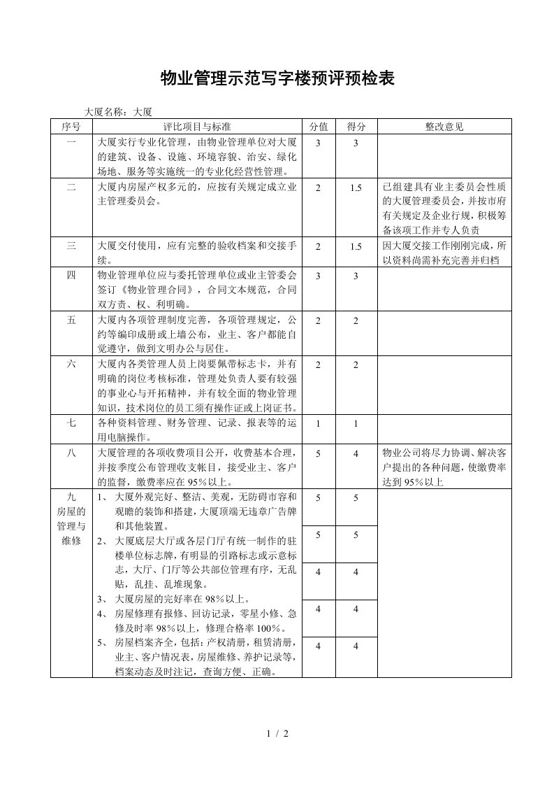 物业管理预评预检表