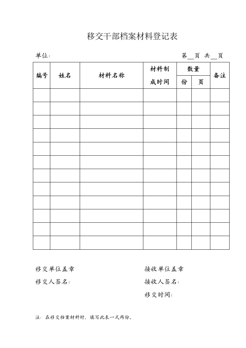 移交干部档案材料登记表