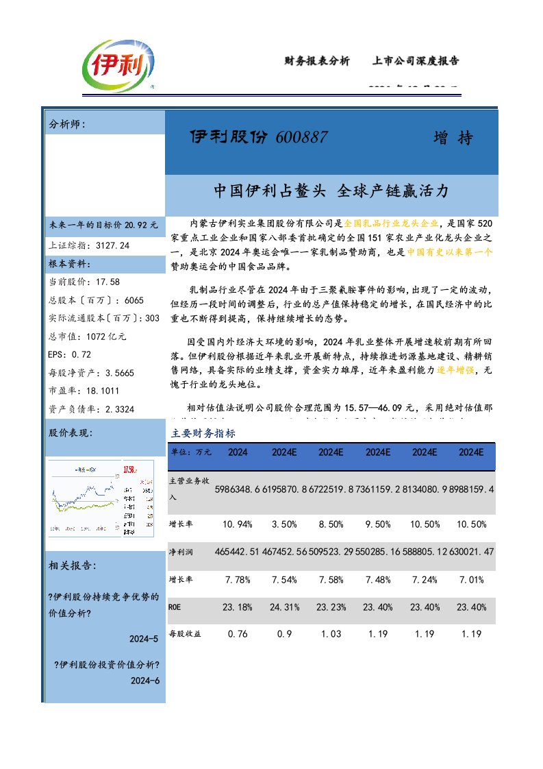 新编伊利集团2024年财务报表分析报告