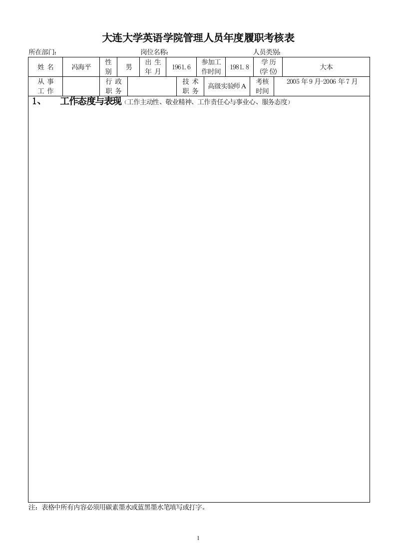 大连大学英语学院管理人员年度履职考核表