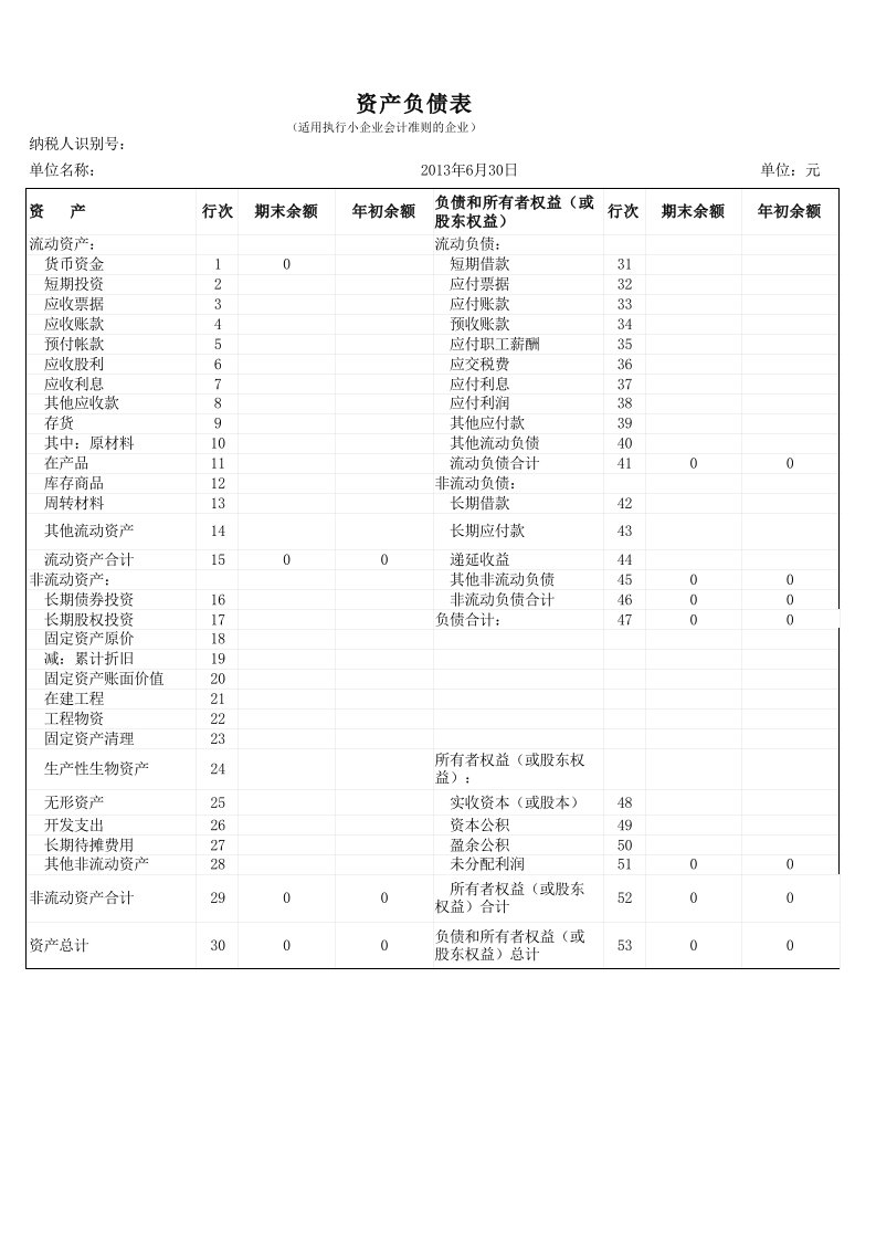 2016最新资产负债表利润表小企业带公式