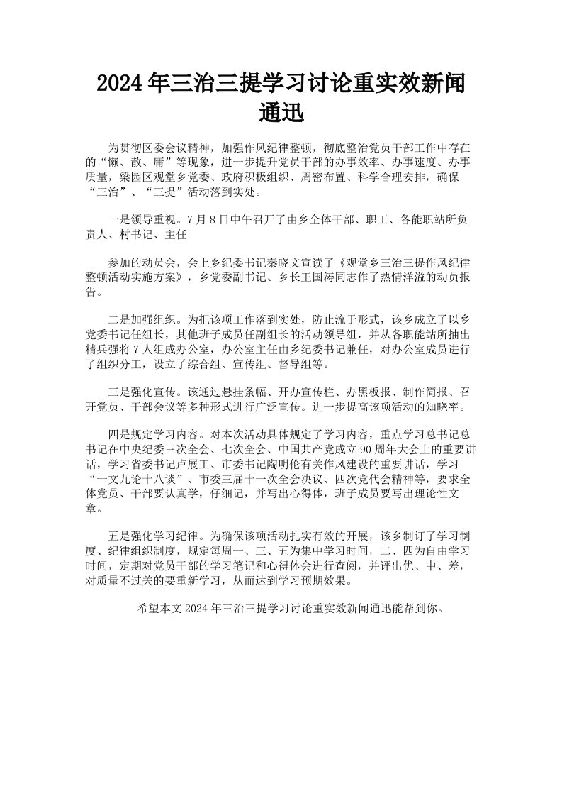 2024年三治三提学习讨论重实效新闻通迅