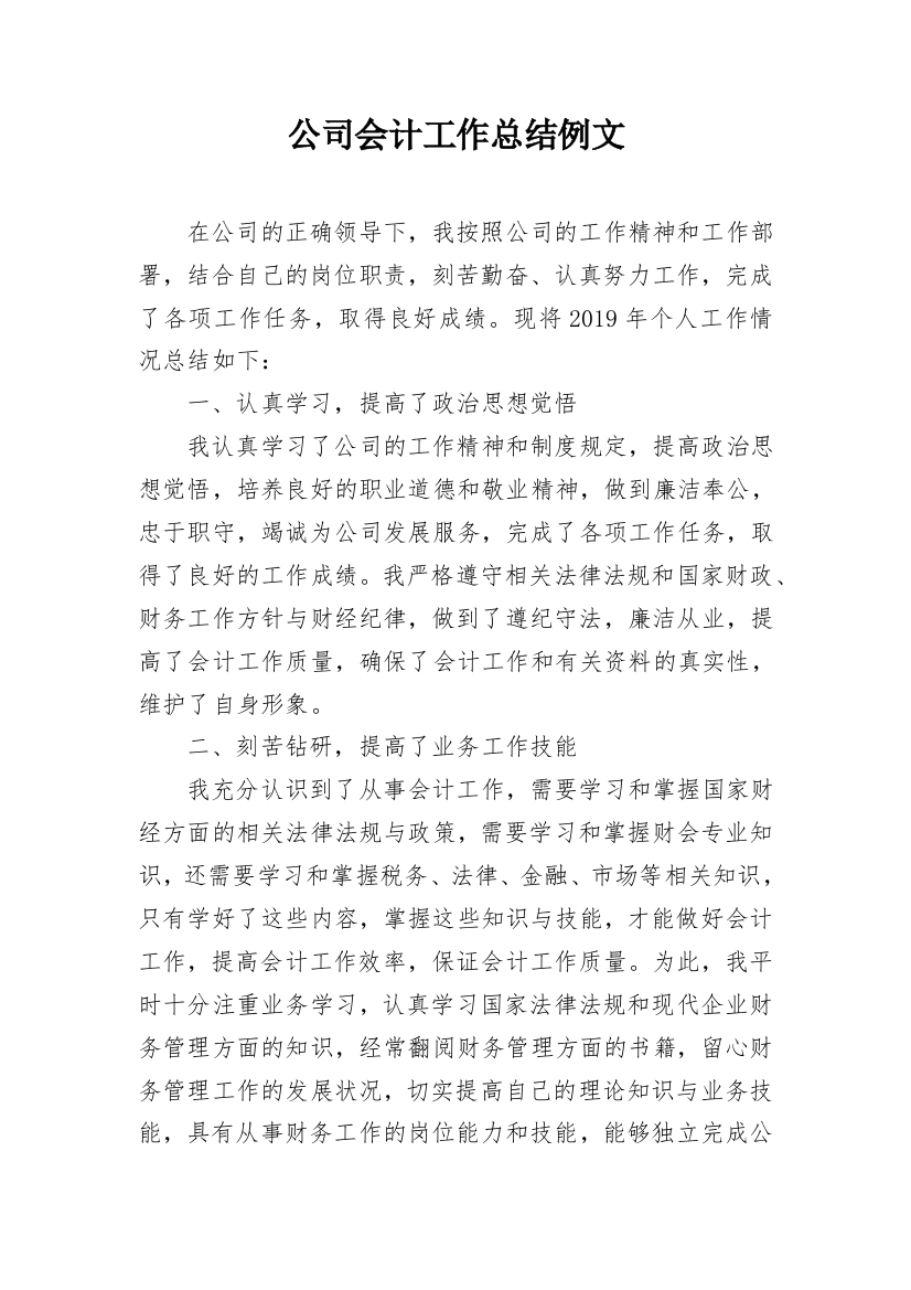 公司会计工作总结例文