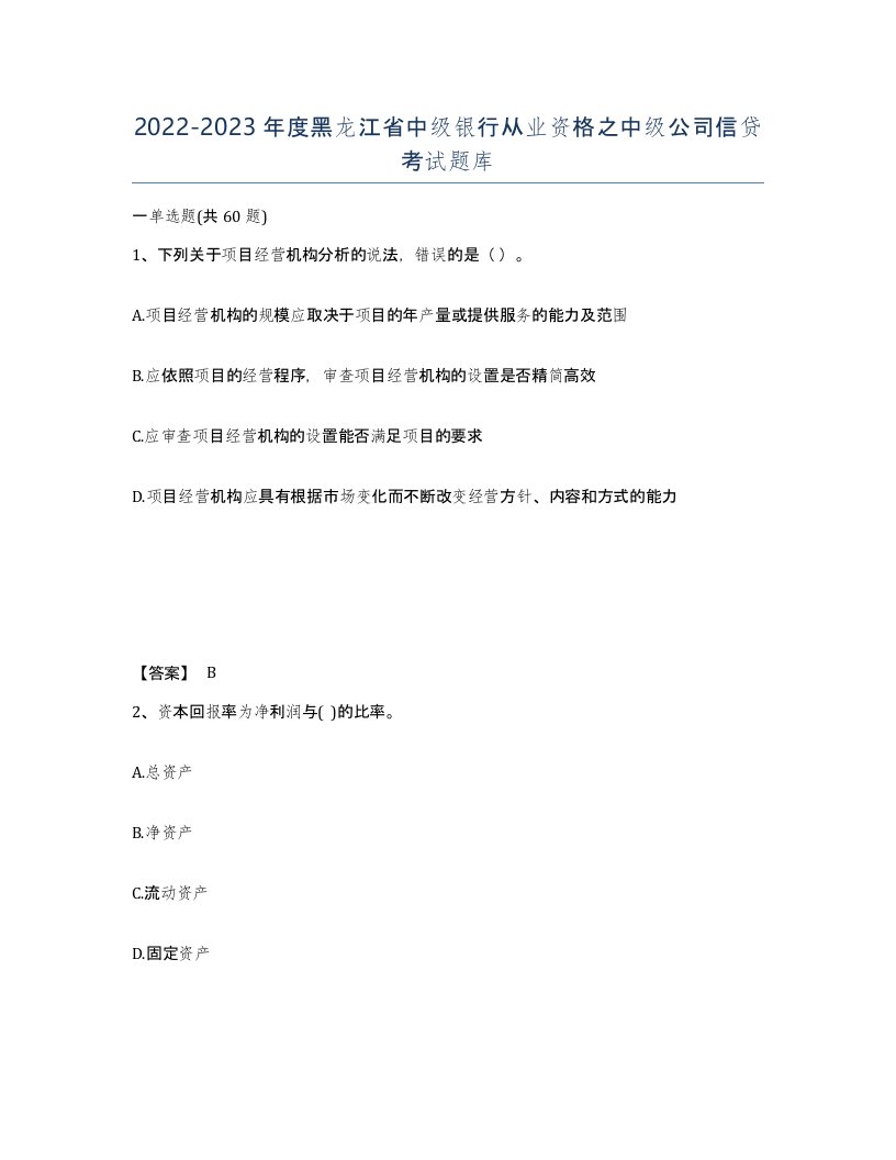 2022-2023年度黑龙江省中级银行从业资格之中级公司信贷考试题库