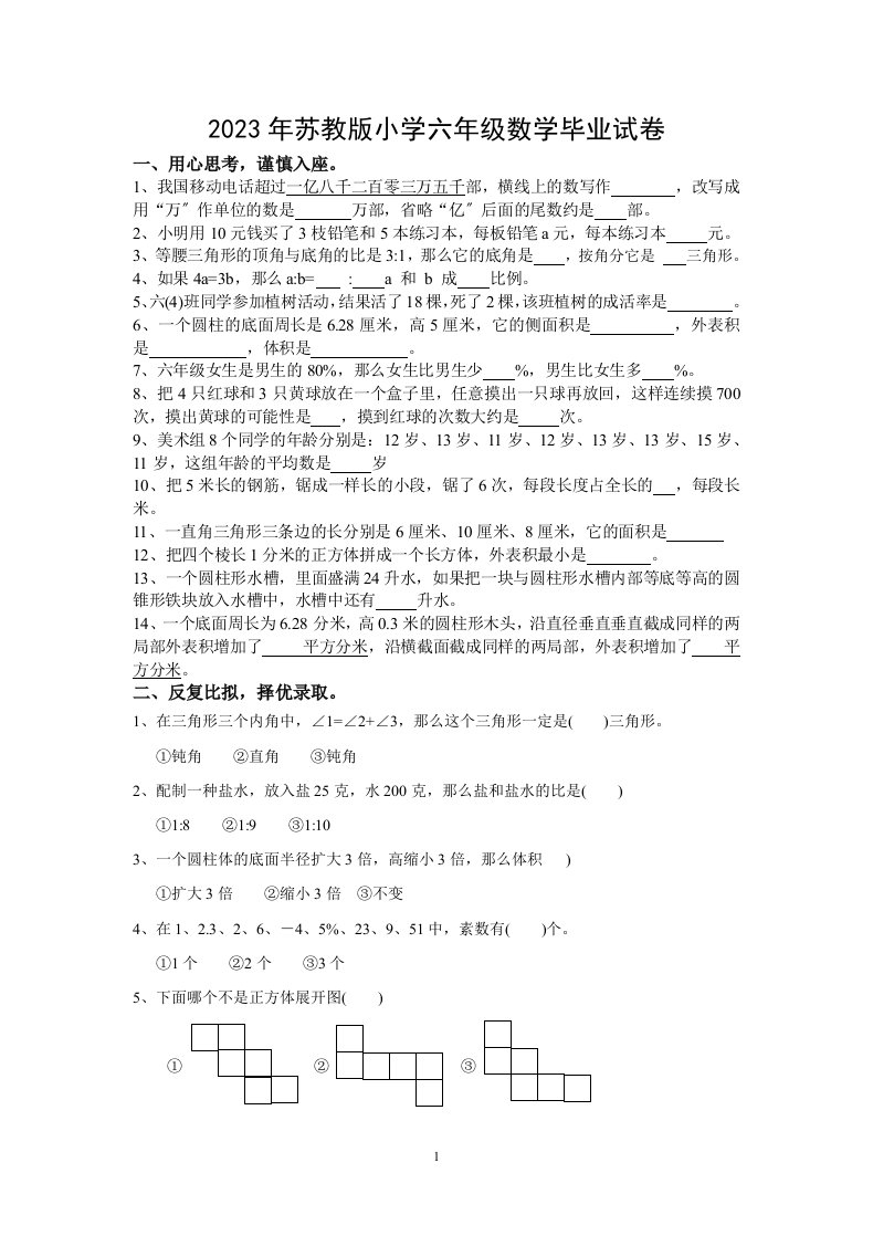 2023年苏教版小学六年级数学毕业试卷及答案