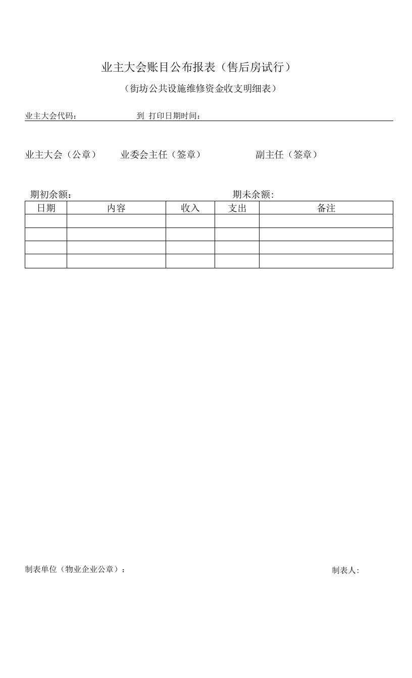 业主大会账目公布报表（街坊公共设施维修资金收支明细表）