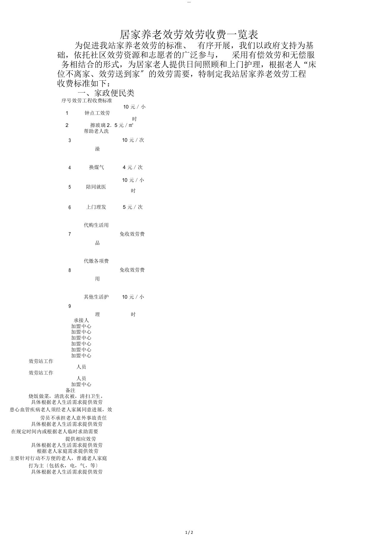 居家养老服务项目收费标准一览表