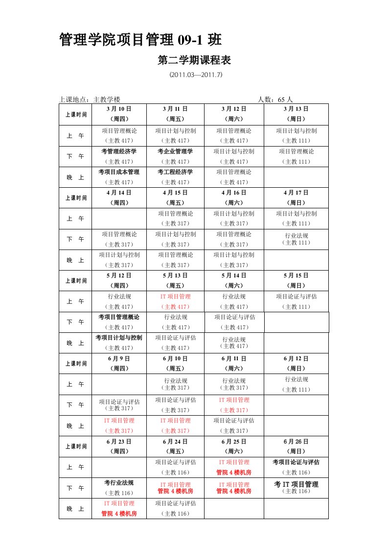 (0509版)项目管理09-1第二学期课程表