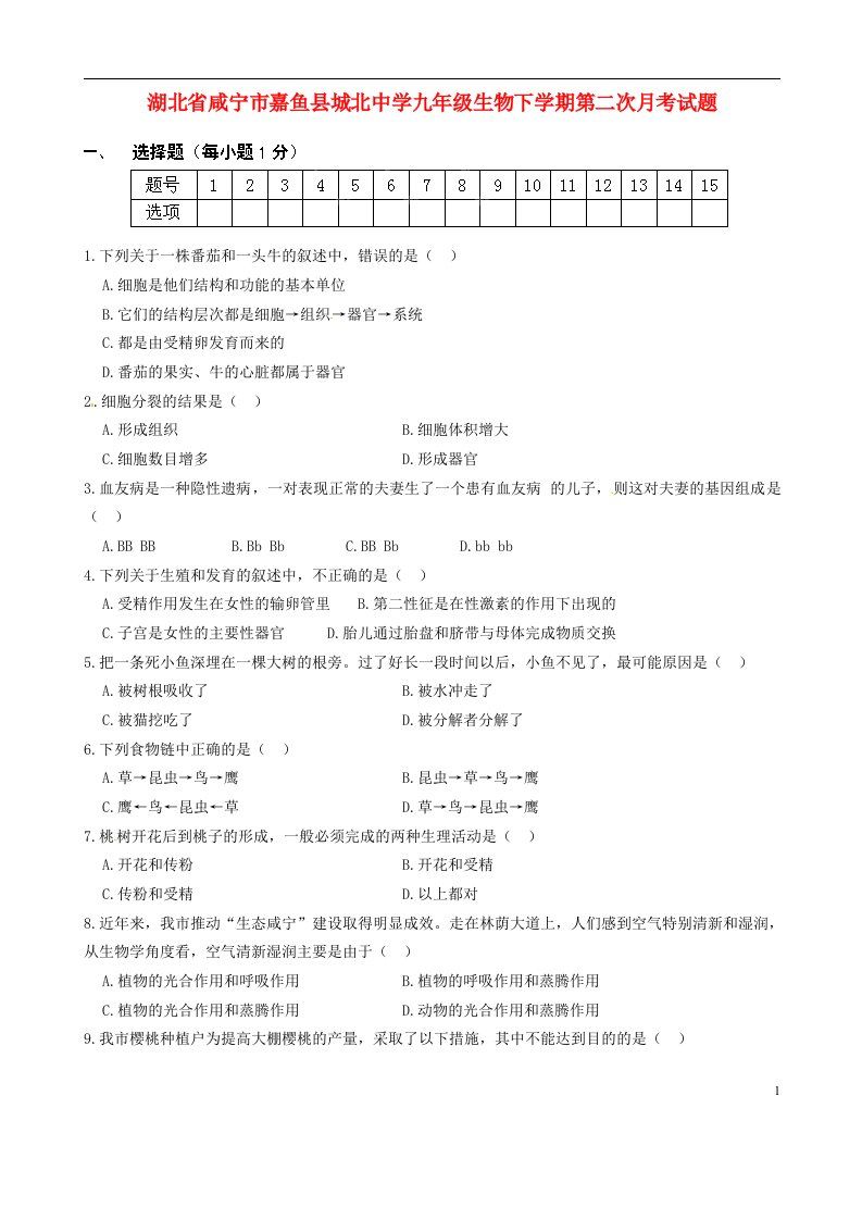 湖北省咸宁市嘉鱼县城北中学九级生物下学期第二次月考试题（无答案）