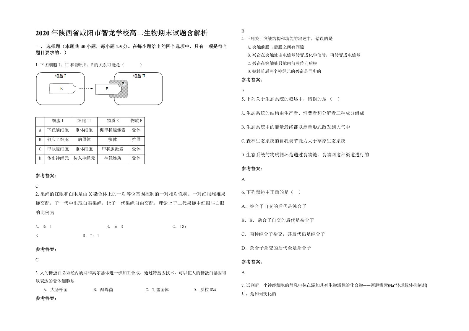 2020年陕西省咸阳市智龙学校高二生物期末试题含解析