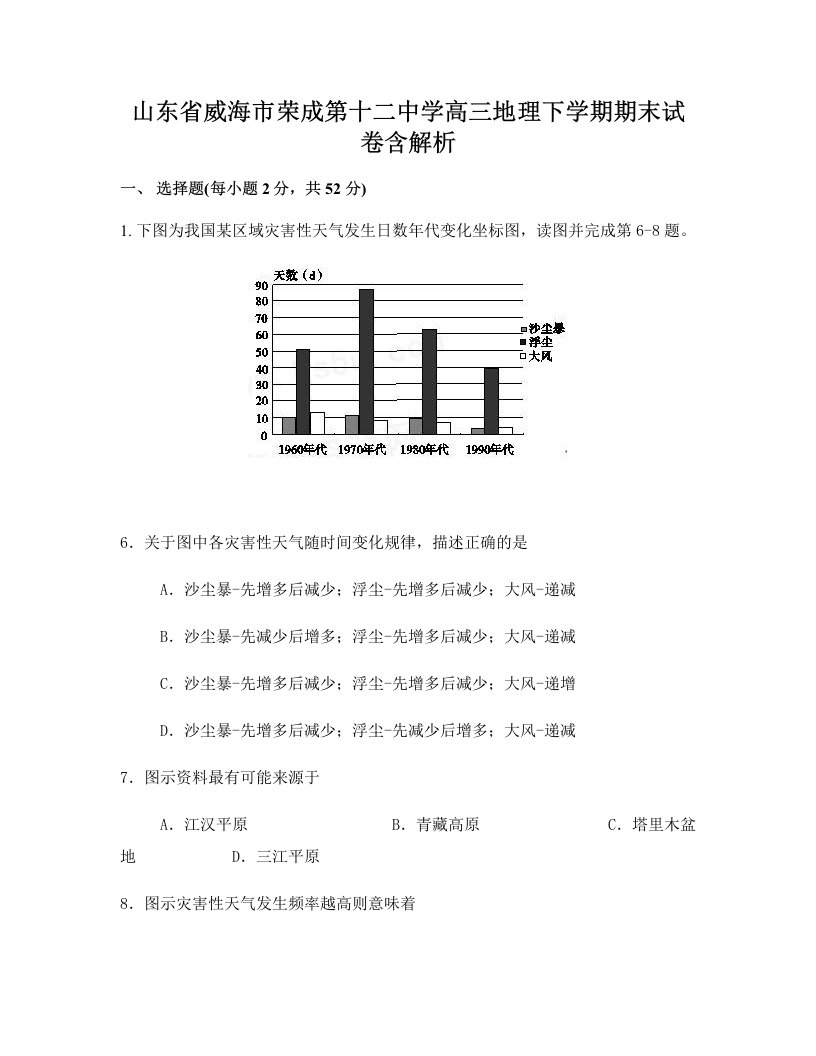 山东省威海市荣成第十二中学高三地理下学期期末试卷含解析