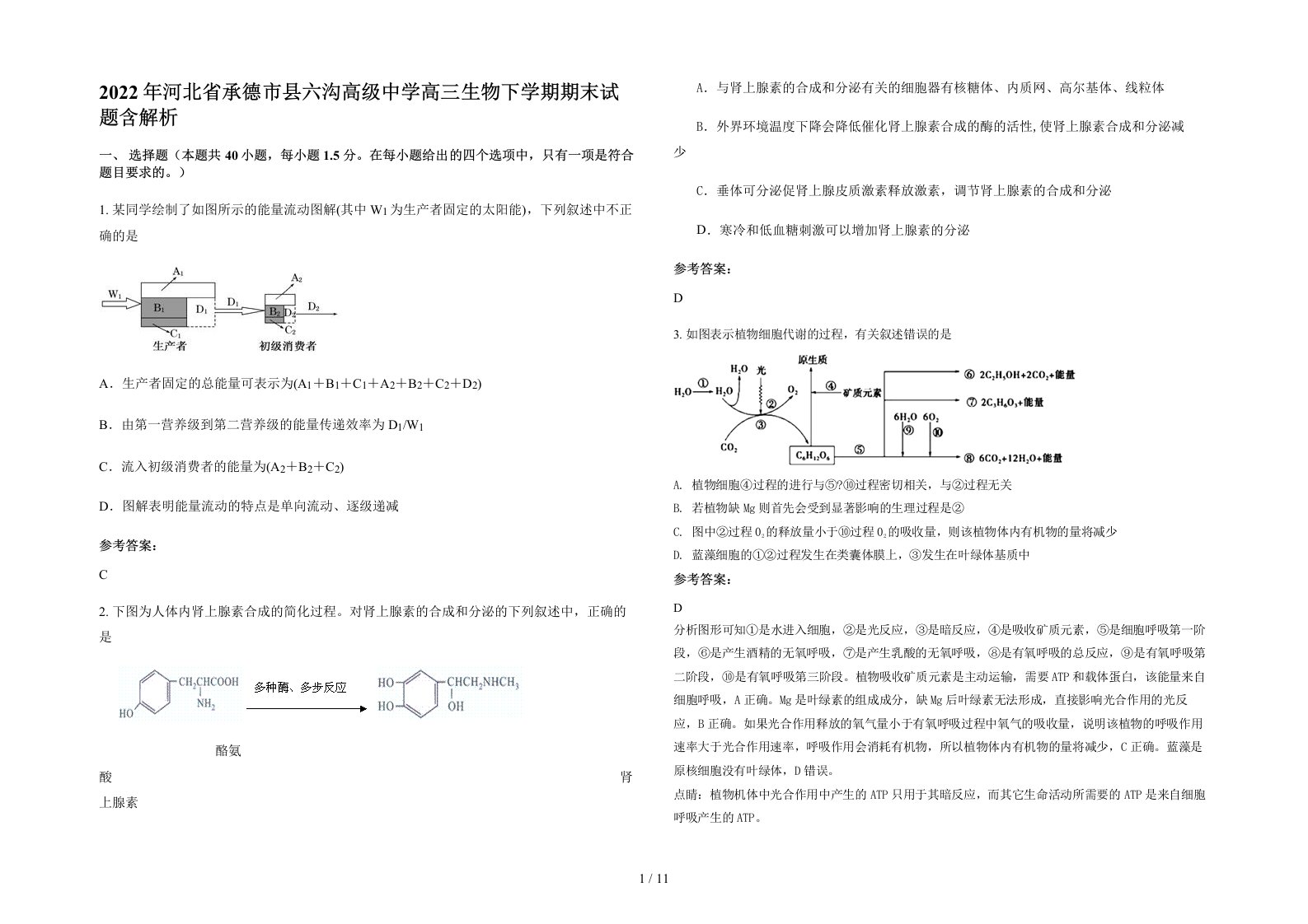 2022年河北省承德市县六沟高级中学高三生物下学期期末试题含解析